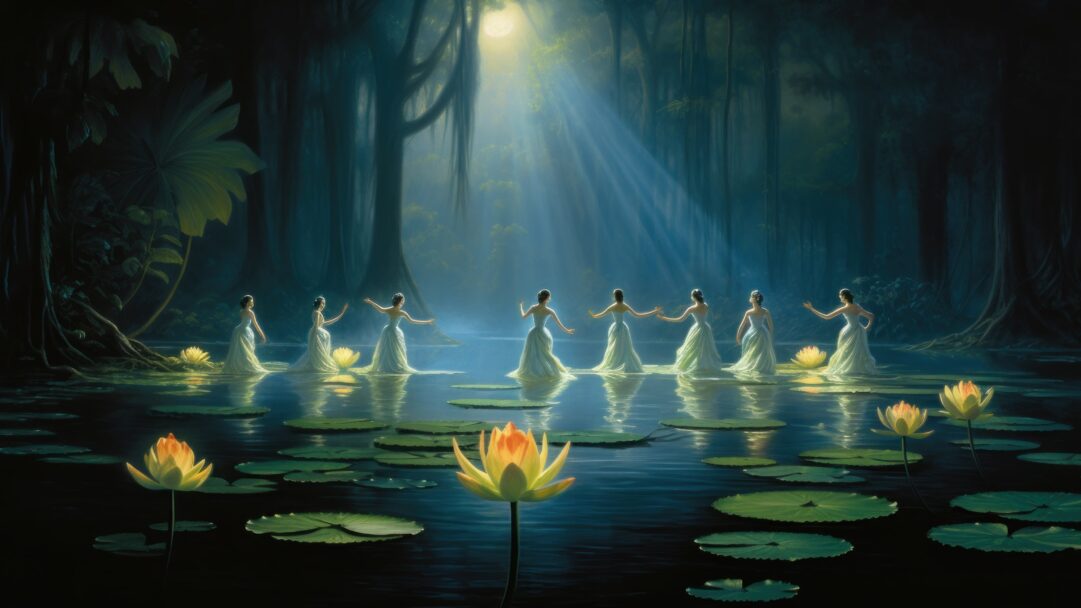 An enchanting 4K wallpaper featuring ethereal scenes of 'Little Women' amidst a mystical swamp. The AI-generated artwork portrays a captivating blend of nature and fantasy, as the women navigate through the enchanting, otherworldly environment.
