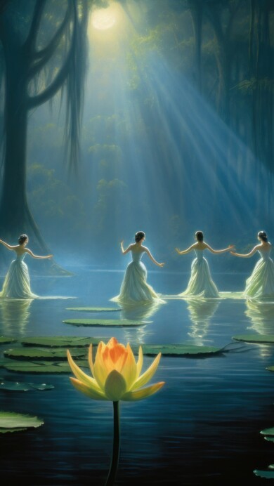 An enchanting 4K wallpaper featuring ethereal scenes of 'Little Women' amidst a mystical swamp. The AI-generated artwork portrays a captivating blend of nature and fantasy, as the women navigate through the enchanting, otherworldly environment.