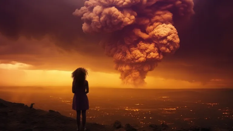 A thought-provoking 4K wallpaper depicting a solitary woman bravely confronting a powerful explosion. The contrast between the figure's solitude and the fiery explosion creates a poignant and dramatic scene, evoking emotions and contemplation.