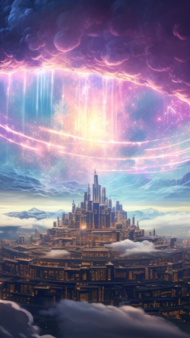 An enchanting 4K wallpaper showcasing an AI-generated mystical city floating above a sea of clouds. The ethereal cityscape against a serene sky creates a captivating and surreal visual experience, perfect for desktop or mobile wallpapers.