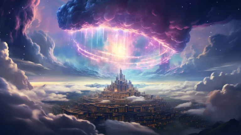 An enchanting 4K wallpaper showcasing an AI-generated mystical city floating above a sea of clouds. The ethereal cityscape against a serene sky creates a captivating and surreal visual experience, perfect for desktop or mobile wallpapers.