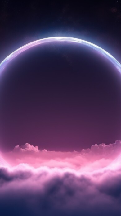 A captivating 4K wallpaper presenting an AI-generated neon light ring hovering above a sea of clouds. The vibrant neon hues contrast against the serene cloudscape, evoking a surreal and enchanting ambiance.