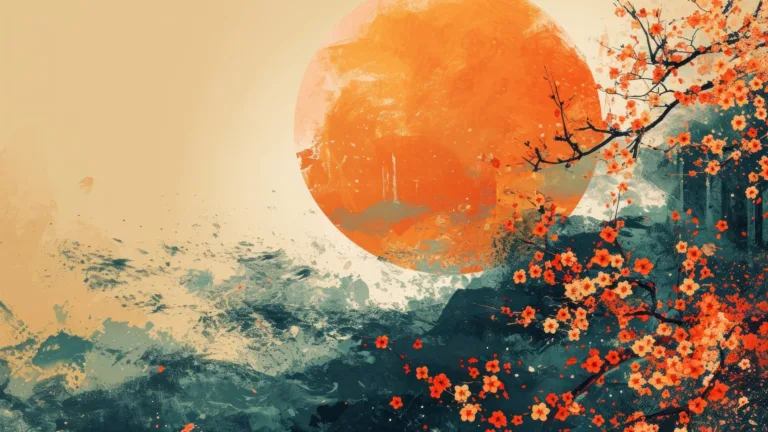 An exquisite 4K wallpaper crafted by AI, reminiscent of a traditional Japanese painting with vibrant orange hues blending seamlessly across the canvas. This digital artwork evokes the essence of Japanese artistry, captivating viewers with its cultural allure.