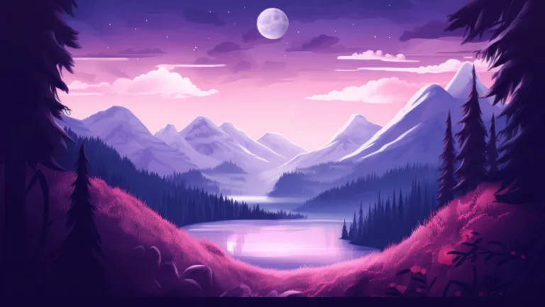 Immerse yourself in the tranquility of purple-hued mountain trees in this AI-generated 4K wallpaper. Perfect for high-resolution displays, it captures the serene beauty and calming atmosphere of the mountainous landscape.