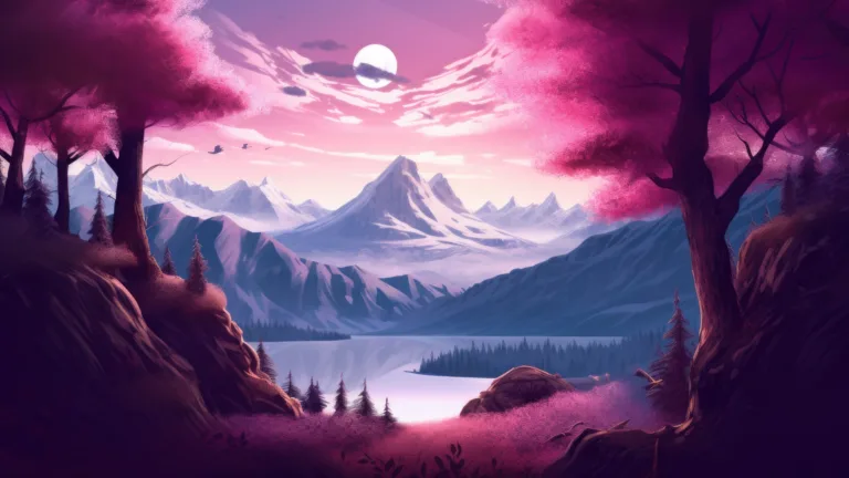 Immerse yourself in the stunning allure of purple-hued mountain trees in this AI-generated 4K wallpaper. Ideal for high-resolution displays, it showcases the captivating beauty of mountain landscapes with a touch of vibrant purple tones.