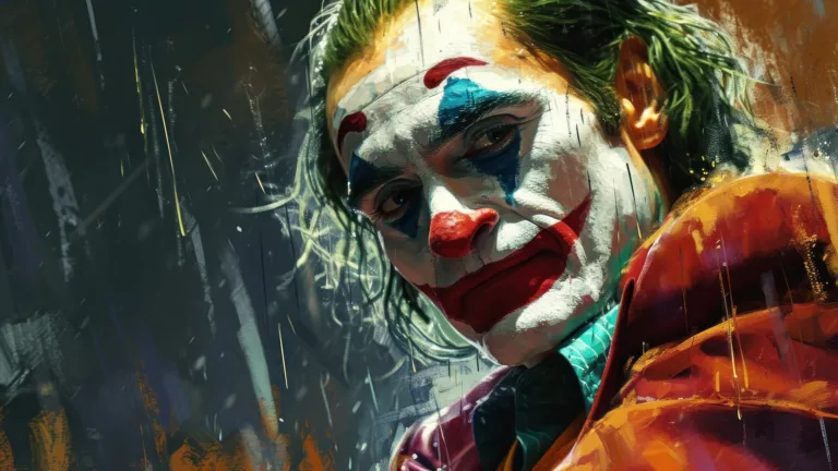 An intriguing 4K wallpaper featuring an AI-generated portrait of the Joker amidst a rainy ambiance. The painting captures the enigmatic essence of the character, blending artistry with a moody, rain-soaked backdrop.