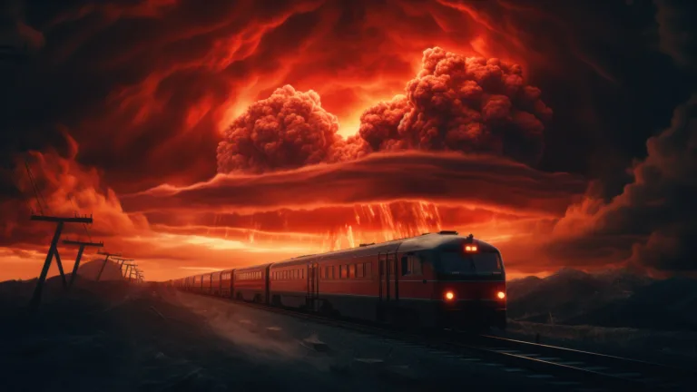 A mesmerizing 4K wallpaper unfolds an AI-generated masterpiece featuring a train racing through a crimson sky.