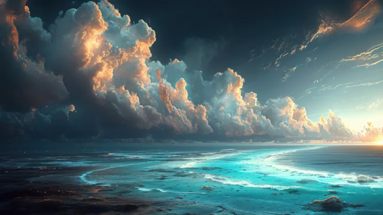 An awe-inspiring 4K wallpaper revealing the meeting point of the vast sea and expansive sky, meticulously crafted through AI-generated artistry. The horizon stretches across the wide-angle view, blending sea and sky in a mesmerizing atmospheric display.