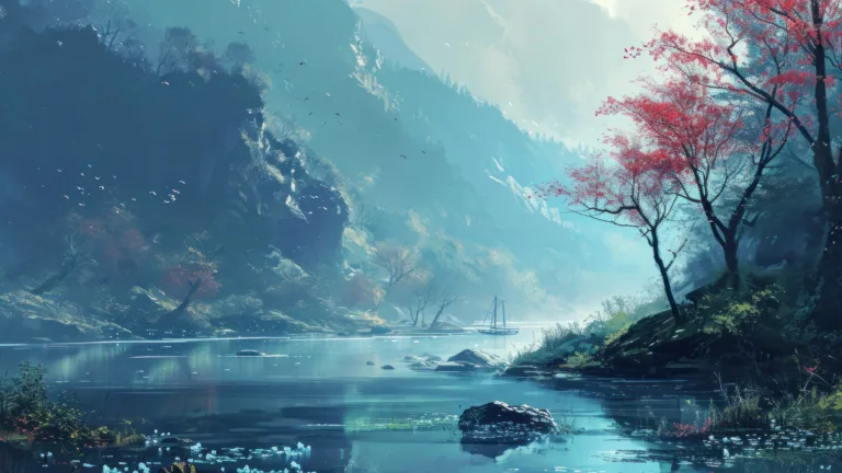 A captivating 4K wallpaper featuring an AI-generated Japanese painting of a serene lake landscape. Delicate brushstrokes depict the tranquil waters, adorned with blossoming cherry trees against a backdrop of majestic mountains, evoking a sense of peacefulness and harmony.