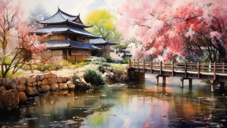 Immerse yourself in the tranquility of a serene scene reminiscent of a Japanese watercolor painting in this AI-generated 4K wallpaper. Perfect for high-resolution displays, it captures a soothing and artistic visual ambiance.