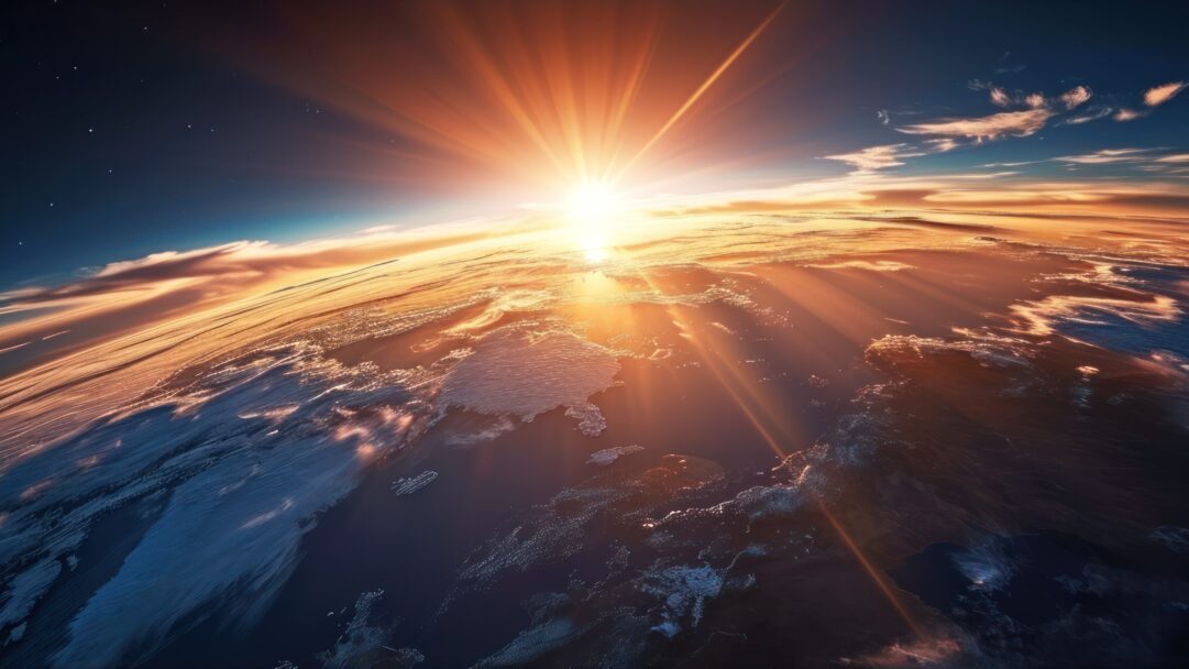 A mesmerizing 4K wallpaper featuring an AI-generated depiction of a radiant sunrise emerging from Earth's horizon. Vibrant hues paint the sky as sunlight breaks through, casting a warm glow over the planet's curvature, evoking a sense of awe-inspiring beauty.