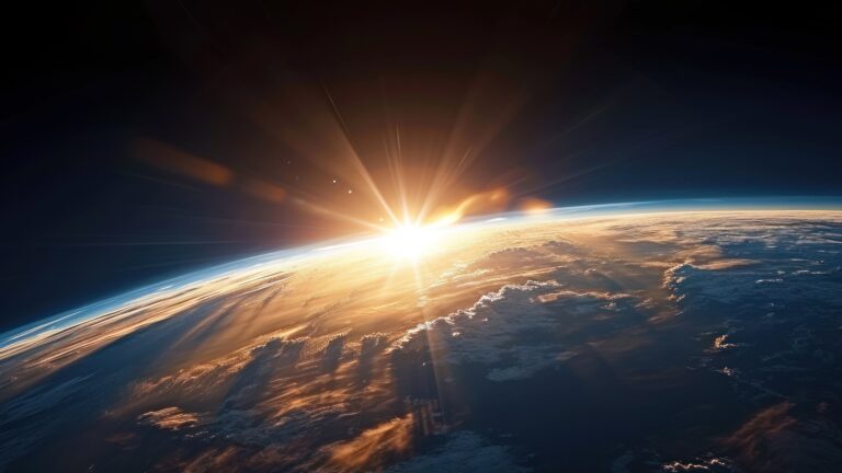 A captivating 4K wallpaper showcasing an AI-generated sunrise casting warm hues over the curvature of planet Earth. Clouds dance across the atmosphere, while the sun's rays paint a breathtaking celestial canvas, evoking a sense of awe and wonder.