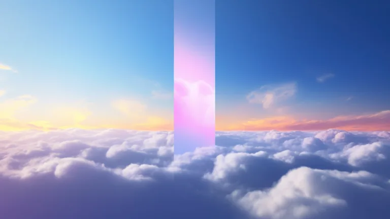 A surreal computer generated image showing a large geometric cube floating in the clouds against a blue sky backdrop. Abstract shapes and clouds surround the cube creating a dreamlike atmosphere.