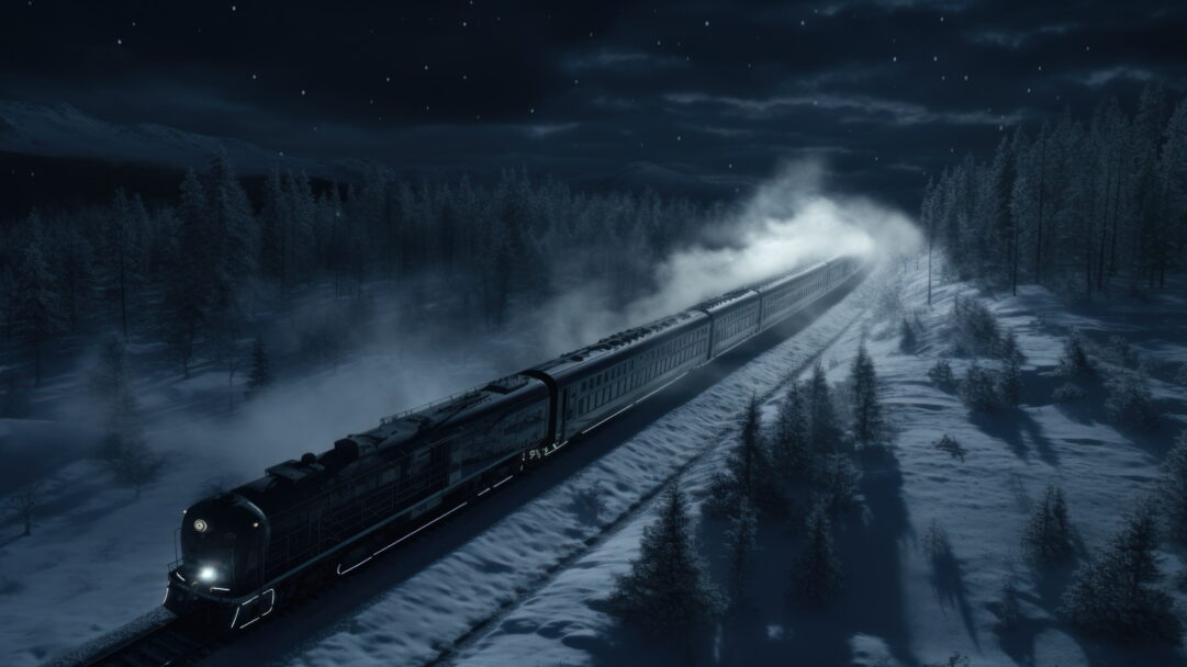 An immersive 4K wallpaper portraying a train journeying through a mystical snow-covered forest enveloped in darkness. The train's path cuts through the snowy landscape, surrounded by towering trees laden with snow, evoking a sense of adventure and mystery.