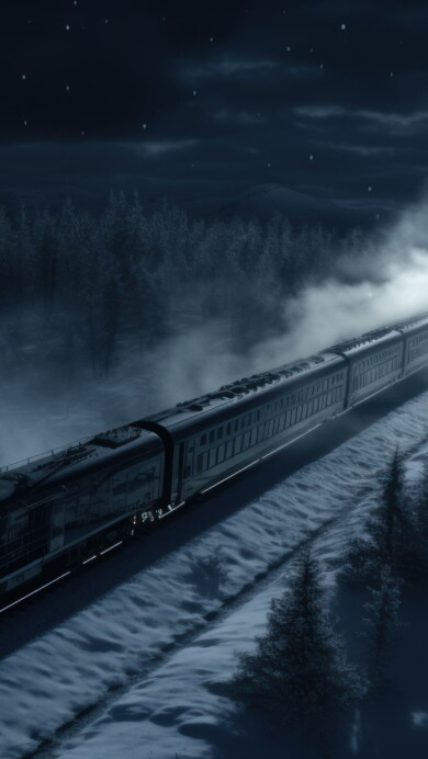 An immersive 4K wallpaper portraying a train journeying through a mystical snow-covered forest enveloped in darkness. The train's path cuts through the snowy landscape, surrounded by towering trees laden with snow, evoking a sense of adventure and mystery.