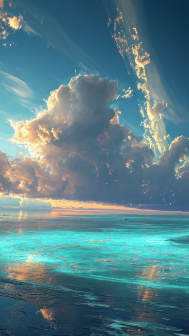 An expansive 4K wallpaper showcasing the meeting point of a vibrant turquoise sea and a vast sky. This AI-generated artwork captures the wide-angle perspective, blending the horizon with soothing hues, inviting viewers into a serene visual escape.