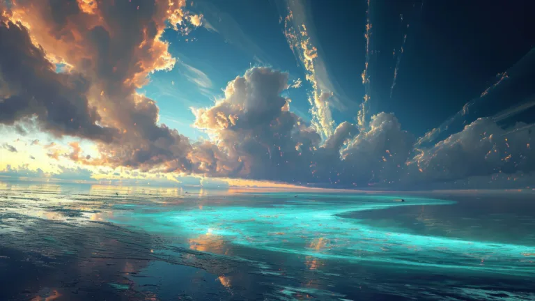 An expansive 4K wallpaper showcasing the meeting point of a vibrant turquoise sea and a vast sky. This AI-generated artwork captures the wide-angle perspective, blending the horizon with soothing hues, inviting viewers into a serene visual escape.
