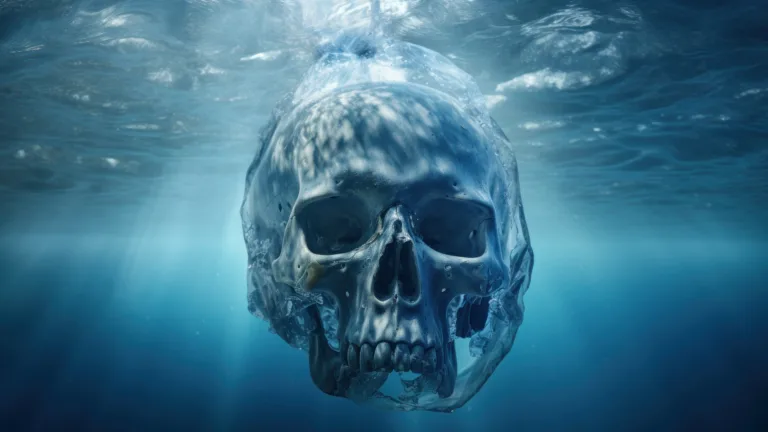 An intriguing 4K wallpaper featuring an AI-generated skull submerged in an underwater scene. The skull's presence amidst vibrant aquatic life creates an eerie yet captivating visual.