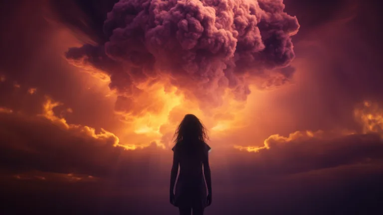 An evocative 4K wallpaper depicting a lone woman standing amidst the intensity of a nuclear explosion. Her silhouette faces the cataclysmic event, emphasizing the juxtaposition of vulnerability and strength in the face of chaos.