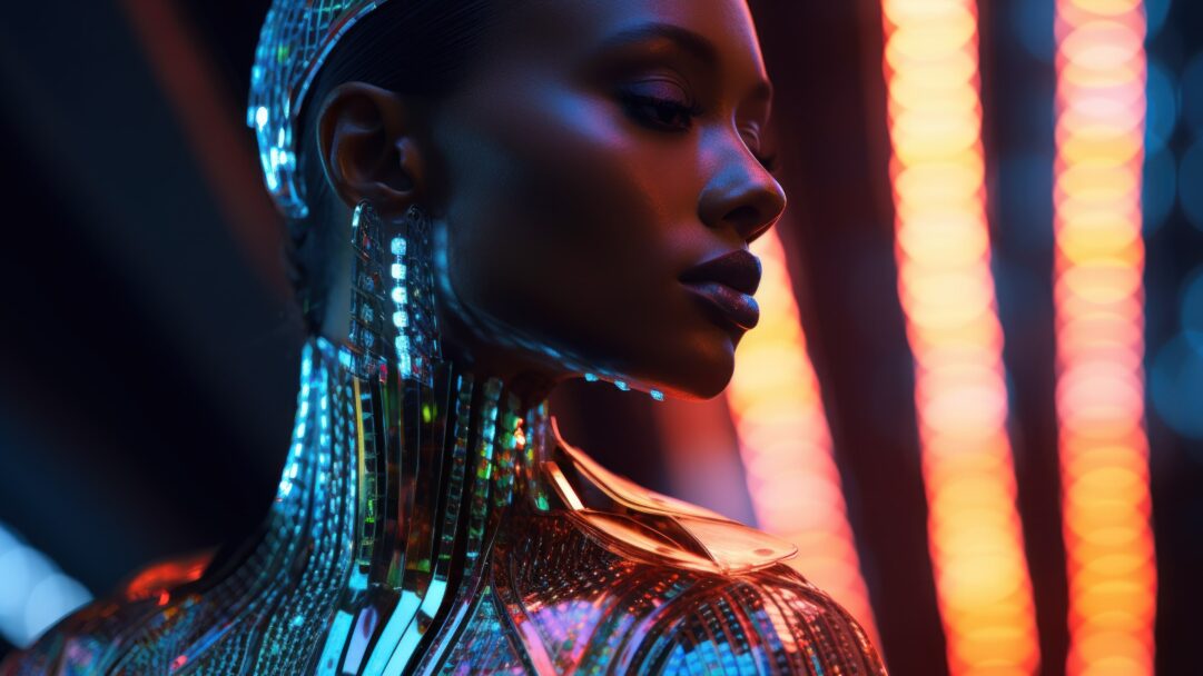 An entrancing 4K wallpaper featuring an AI-generated depiction of a woman adorned in a luminous, futuristic garment. The shimmering attire exudes an otherworldly allure, blending elegance with technology in an ethereal display of digital artistry.