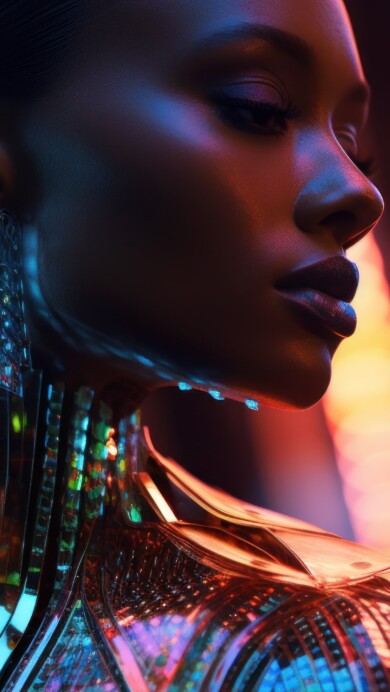 An entrancing 4K wallpaper featuring an AI-generated depiction of a woman adorned in a luminous, futuristic garment. The shimmering attire exudes an otherworldly allure, blending elegance with technology in an ethereal display of digital artistry.
