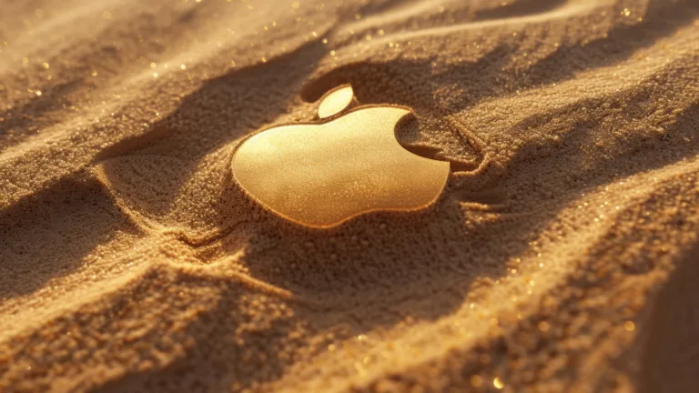 A minimalist and captivating 4K wallpaper featuring the iconic Apple logo etched on a sandy canvas, created through advanced AI generation. The subtle elegance of the design makes it an ideal choice for tech enthusiasts, providing a high-resolution and artistic background for your desktop or mobile device.