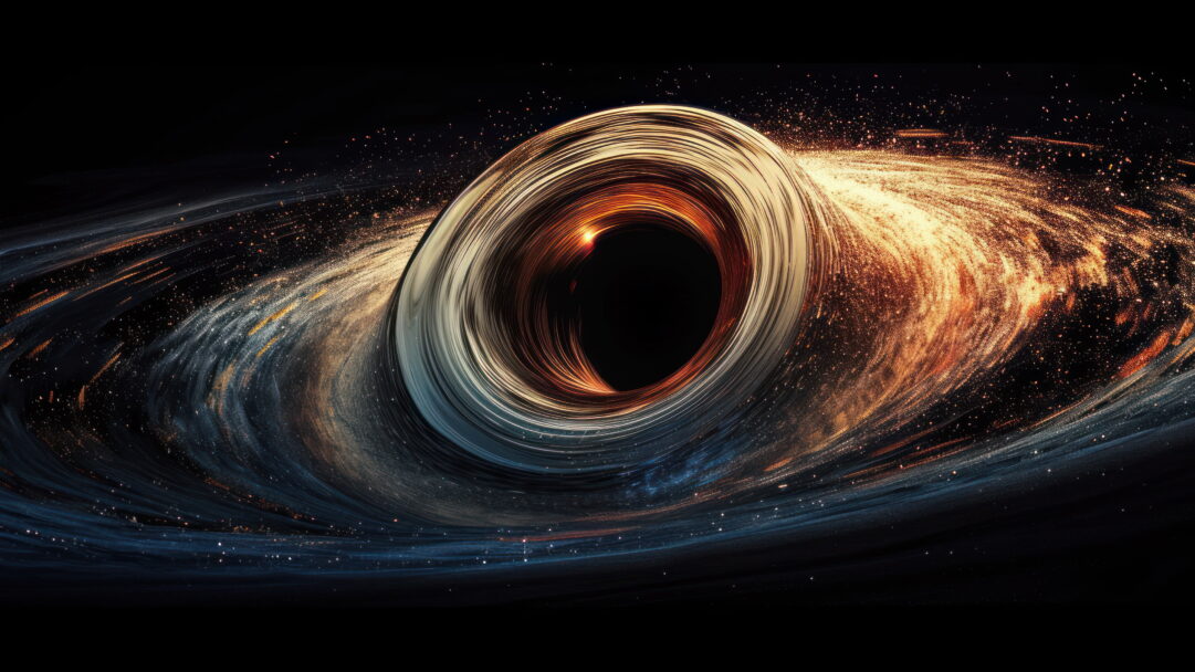A mesmerizing 4K wallpaper unfolds a cosmic spectacle as a captivating black hole swirls within an abyss of darkness. This AI-generated masterpiece combines surreal elements with intricate details, creating a dark and mysterious ambiance suitable for both desktop and mobile wallpapers.