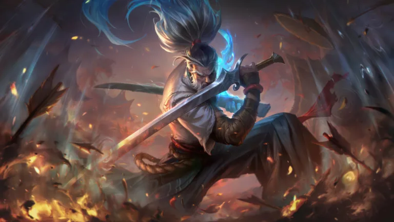 A mesmerizing 4K wallpaper featuring the Foreseen Yasuo skin in League of Legends. Yasuo, the Unforgiven, stands poised and vigilant, surrounded by an ethereal aura that hints at the future and destiny.
