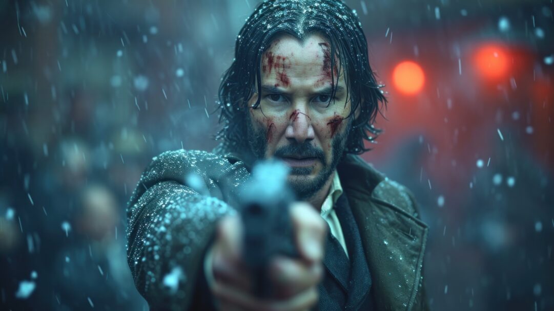 A captivating 4K wallpaper featuring Keanu Reeves in a winter setting, brought to life through AI generation. The actor is portrayed amidst a snowy landscape, creating a cinematic and atmospheric scene.