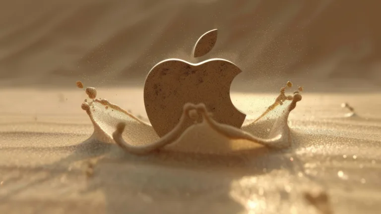 A minimalist 4K wallpaper featuring the iconic Apple logo delicately etched in sand through AI-generated precision. The simplicity of the design, with the recognizable Apple logo against a sandy backdrop, makes it a sophisticated and artistic choice for your desktop or mobile wallpaper.