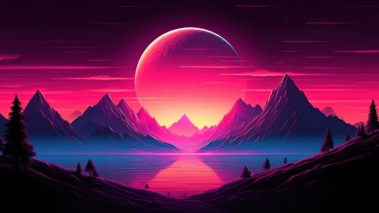 A mesmerizing 4K wallpaper presents a nostalgic retrowave scene where the sun sets over majestic mountains, with hues of warm colors casting a vibrant glow across the landscape.