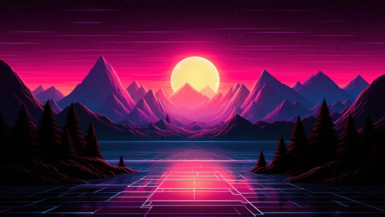A mesmerizing 4K wallpaper, featuring an AI-generated retrowave sunset over majestic mountains. The vibrant colors and nostalgic synthwave vibes create a visually stunning and immersive experience, making it an ideal choice for your desktop or mobile wallpaper.