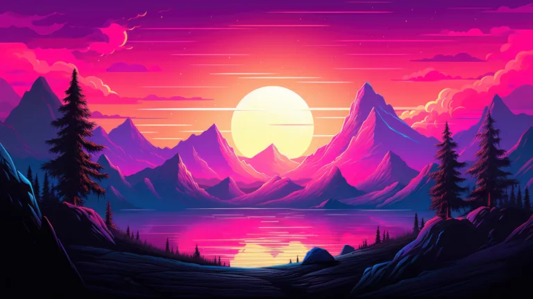 A mesmerizing 4K wallpaper featuring a breathtaking sunset over majestic mountains, infused with retrowave aesthetics through AI generation. The vibrant hues of the sun cast a nostalgic glow on the landscape, creating a synthwave-inspired scene that is perfect for both desktop and mobile wallpapers.