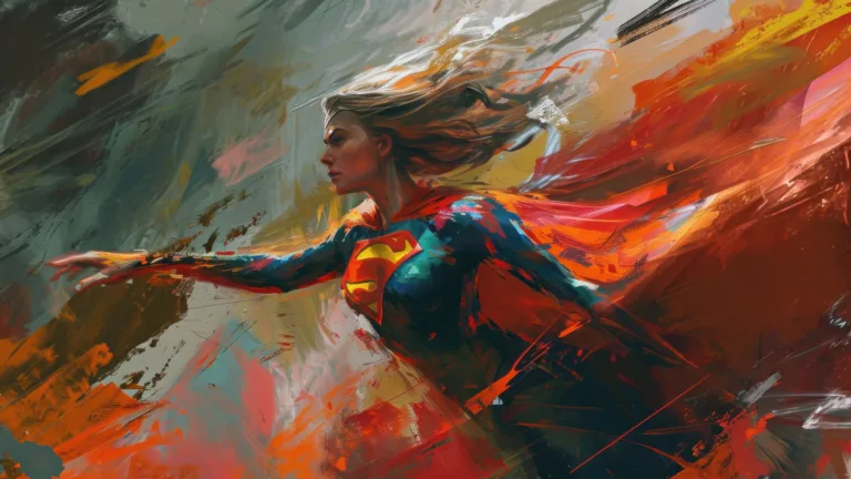 A powerful 4K wallpaper showcasing AI-generated splash art of Supergirl, the iconic superhero, in vibrant and dynamic detail. The digital artwork features striking colors and a sense of action, making it an ideal choice for your desktop or mobile wallpaper, bringing the essence of comic-inspired energy to your screen.