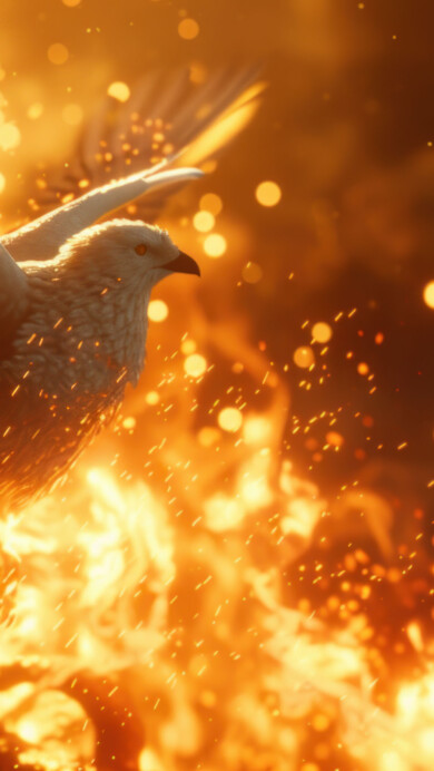 Witness the symbolic rebirth with this AI-generated 4K wallpaper featuring a majestic bird rising from flames. Perfect for high-resolution displays, the digital art composition captures the essence of resilience and transformation, creating a visually captivating and symbolic experience for your screen.