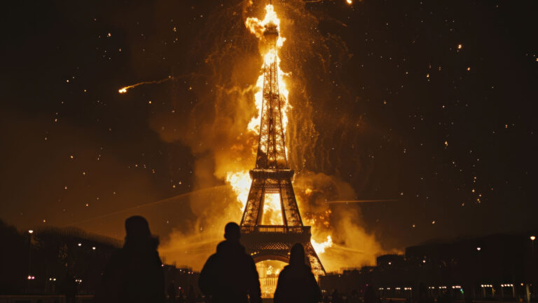 Immerse yourself in the mysterious allure of the City of Lights with this AI-generated 4K wallpaper. The burning dark night in Paris captivates with its atmospheric beauty, offering a unique and visually compelling experience for high-resolution displays.