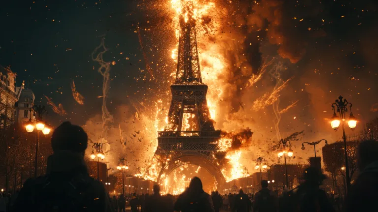 Witness the haunting beauty of an AI-generated 4K wallpaper featuring a surreal scene of the Eiffel Tower bathed in a disastrous burning glow. Although not a direct representation, this digital art composition captures the essence of Parisian allure and adds a touch of mystery to your high-resolution displays.