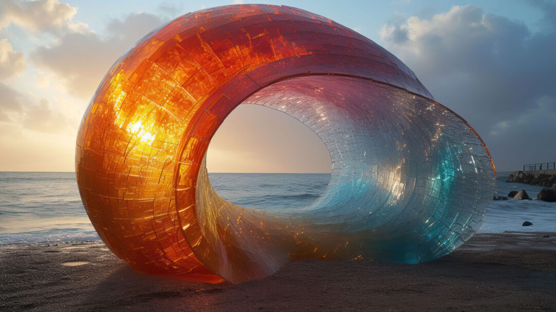 A vibrant 4K wallpaper created by artificial intelligence, featuring a colorful seaside sculpture set against a picturesque ocean backdrop. The dynamic interplay of colors and shapes in this digital artwork captures the essence of coastal beauty, making it a perfect choice for adding a touch of artistic flair to your desktop or mobile screen.
