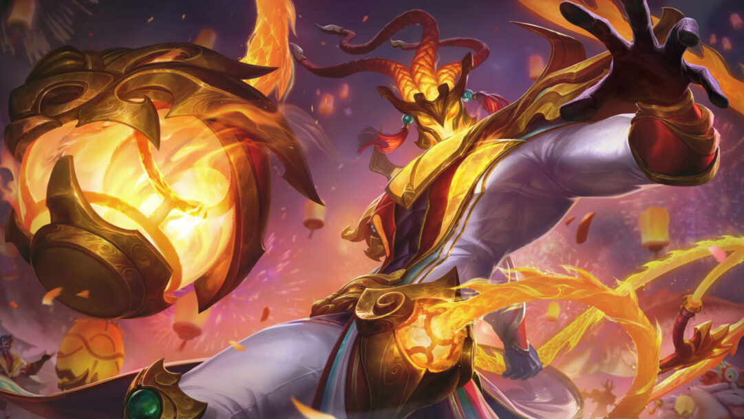 A mesmerizing 4K wallpaper showcasing the Dragon Lantern Thresh skin in Wild Rift. Thresh, the Chain Warden, is depicted in a spellbinding stance adorned with dragon-themed lanterns, emanating an otherworldly glow that adds a touch of mystique to the atmospheric world of Wild Rift.