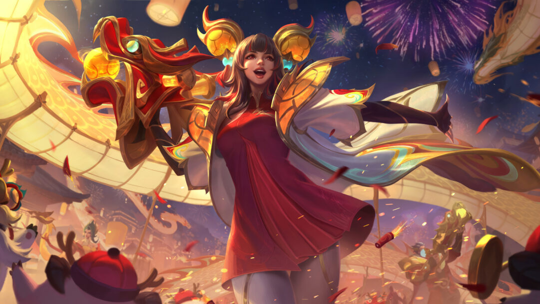 A stunning 4K wallpaper showcasing the majestic Dragon Lantern Zeri skin from Wild Rift. Zeri, the enigmatic sorceress, stands adorned in intricate dragon-themed attire, casting a spellbinding aura in the vibrant world of Wild Rift.