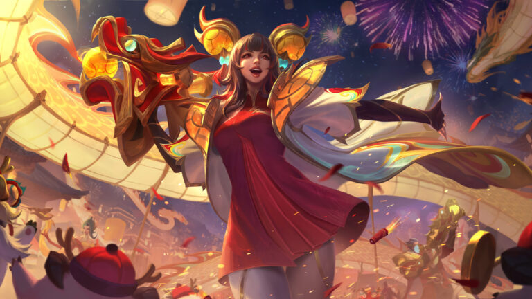 A stunning 4K wallpaper showcasing the majestic Dragon Lantern Zeri skin from Wild Rift. Zeri, the enigmatic sorceress, stands adorned in intricate dragon-themed attire, casting a spellbinding aura in the vibrant world of Wild Rift.