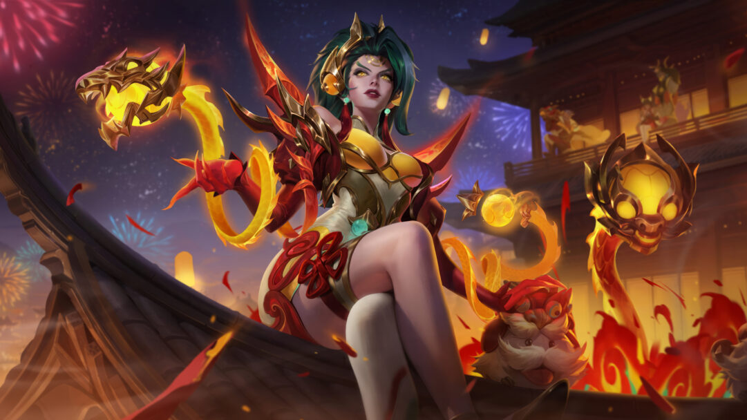 A mesmerizing 4K wallpaper showcasing the Dragon Lantern Zyra skin in Wild Rift. Zyra, the Enchanting Thorn, takes center stage in a breathtaking display of mythical beauty, surrounded by vibrant dragon lanterns that illuminate the fantastical world of Wild Rift.