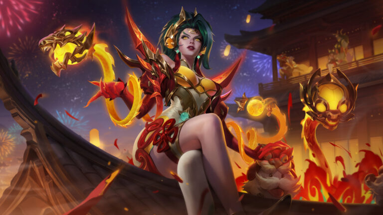 A mesmerizing 4K wallpaper showcasing the Dragon Lantern Zyra skin in Wild Rift. Zyra, the Enchanting Thorn, takes center stage in a breathtaking display of mythical beauty, surrounded by vibrant dragon lanterns that illuminate the fantastical world of Wild Rift.