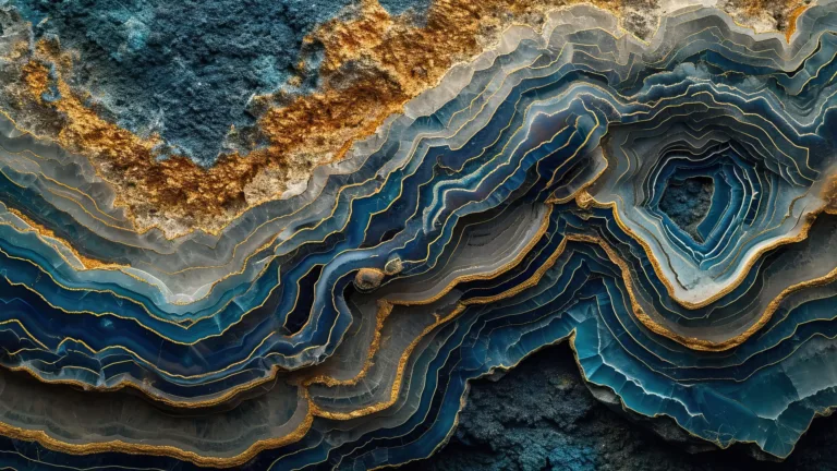 A mesmerizing 4K wallpaper reveals the intricate beauty of AI-generated golden blue agate layers. This digital artwork captures the essence of a luxurious gemstone, featuring vibrant hues and delicate patterns that make it an ideal choice for enhancing your desktop or mobile background.