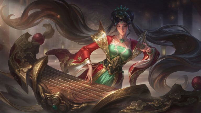 A mesmerizing 4K wallpaper showcasing the ethereal Dragon Lantern Zyra skin in Wild Rift. Zyra, the deadly Sorceress, radiates a mystical aura surrounded by vibrant dragon lanterns, bringing a fusion of nature and magic to life within the dynamic world of Wild Rift.