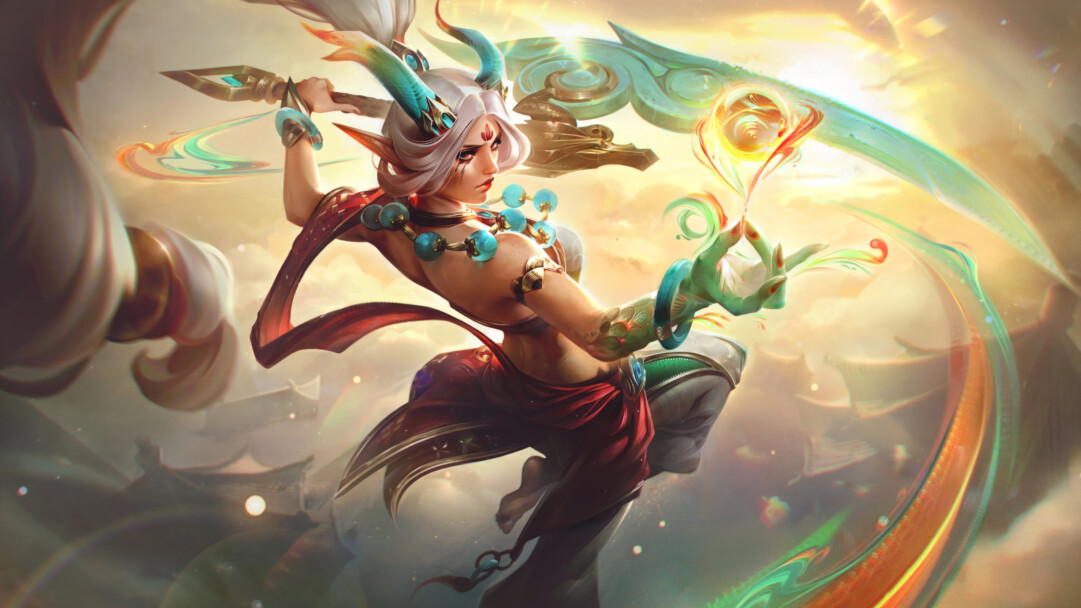 A mesmerizing 4K wallpaper featuring the celestial Heavenscale Diana skin from League of Legends. Diana, the Scorn of the Moon, radiates divine power as she stands in a majestic pose, adorned in ethereal armor that captures the essence of the heavens in the enchanting world of League of Legends.