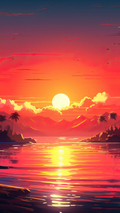 A breathtaking 4K wallpaper featuring an AI-generated island sunset landscape. The digital art masterpiece captures the essence of a tranquil tropical paradise, with vibrant colors illuminating the sky and reflecting on the calm ocean waters.