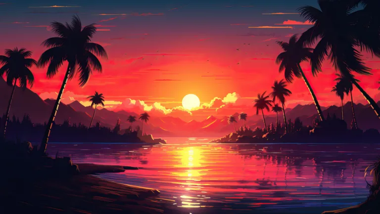 A breathtaking 4K wallpaper featuring an AI-generated island sunset landscape. The digital art masterpiece captures the essence of a tranquil tropical paradise, with vibrant colors illuminating the sky and reflecting on the calm ocean waters.