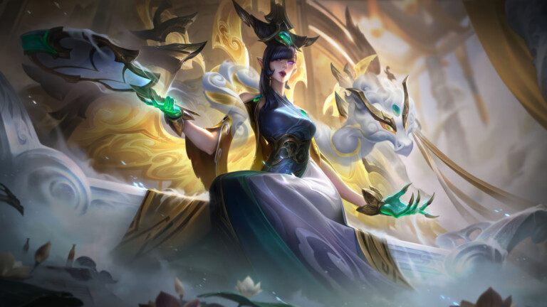 A mesmerizing 4K wallpaper showcasing the Lunar Empress Morgana skin in Wild Rift. Morgana, the majestic sorceress, stands adorned in lunar regalia, radiating celestial power and grace within the vibrant world of Wild Rift.