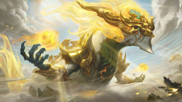 A mesmerizing 4K wallpaper presenting the ethereal beauty of the Lunar Fairy Aurelion Sol skin in Wild Rift. Aurelion Sol, the cosmic dragon, is adorned in celestial splendor, surrounded by lunar radiance and enchanted flora, creating a magical and enchanting scene within the vibrant world of Wild Rift.